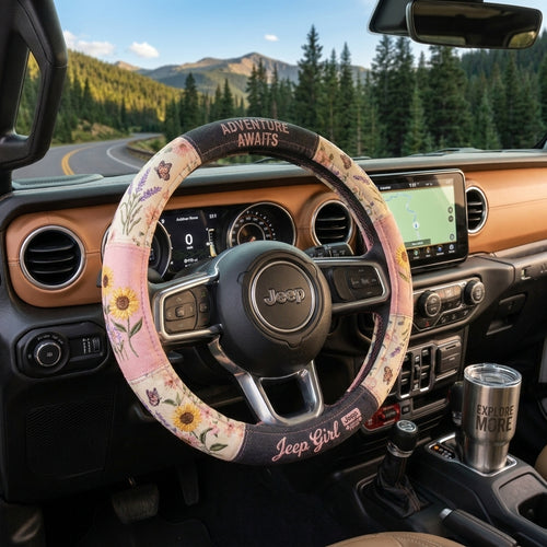 Sunflower Jeep Girl  Floral Boho Steering Wheel Cover
