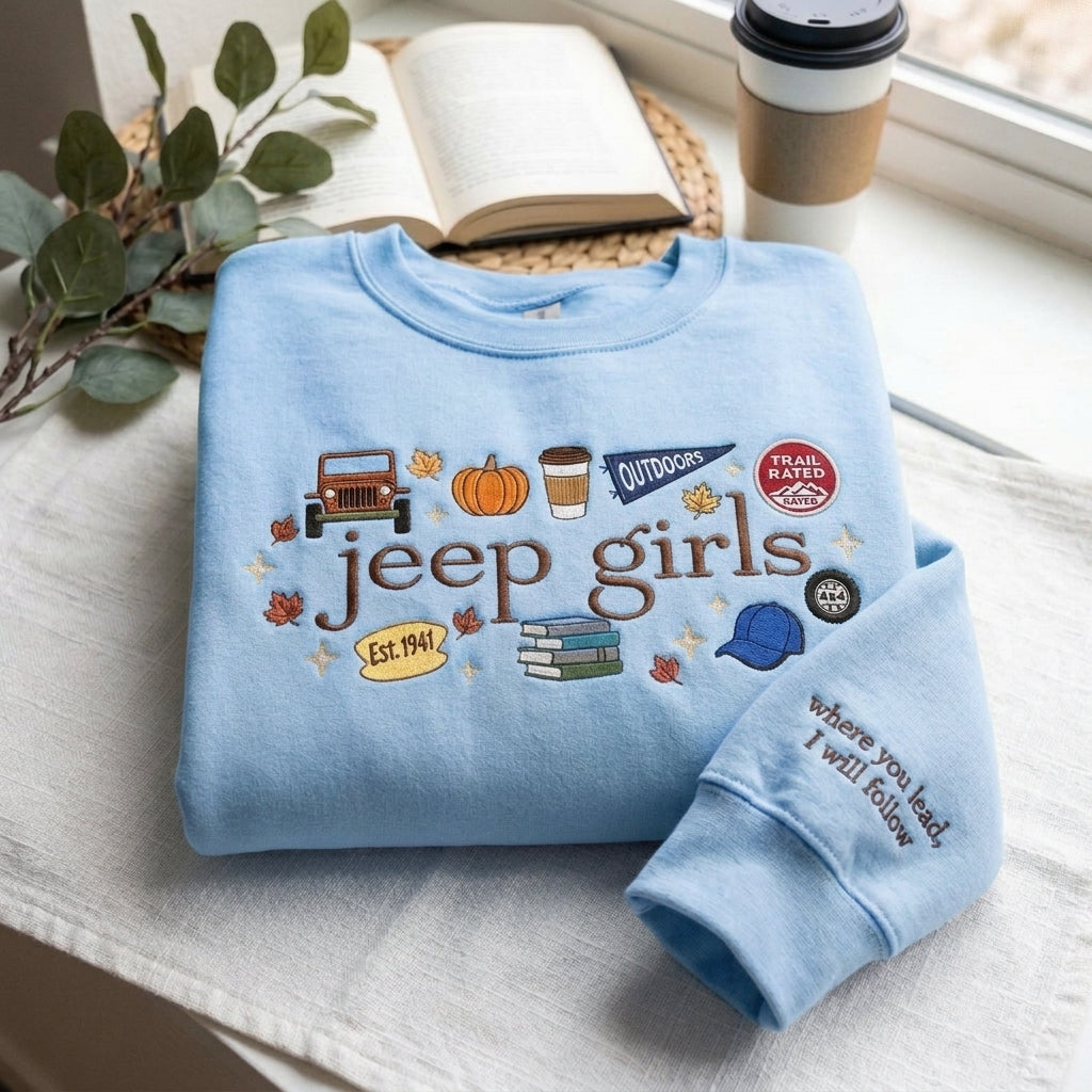 Jeep Girls Embroidered Sweatshirt, Fall Adventure Graphic Crewneck, Jeep Lover Gift for Women