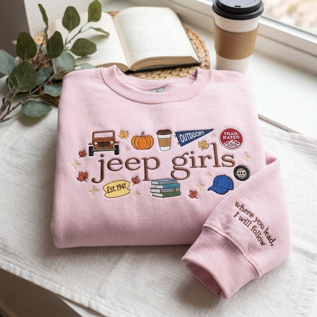 Jeep Girls Embroidered Sweatshirt, Fall Adventure Graphic Crewneck, Jeep Lover Gift for Women