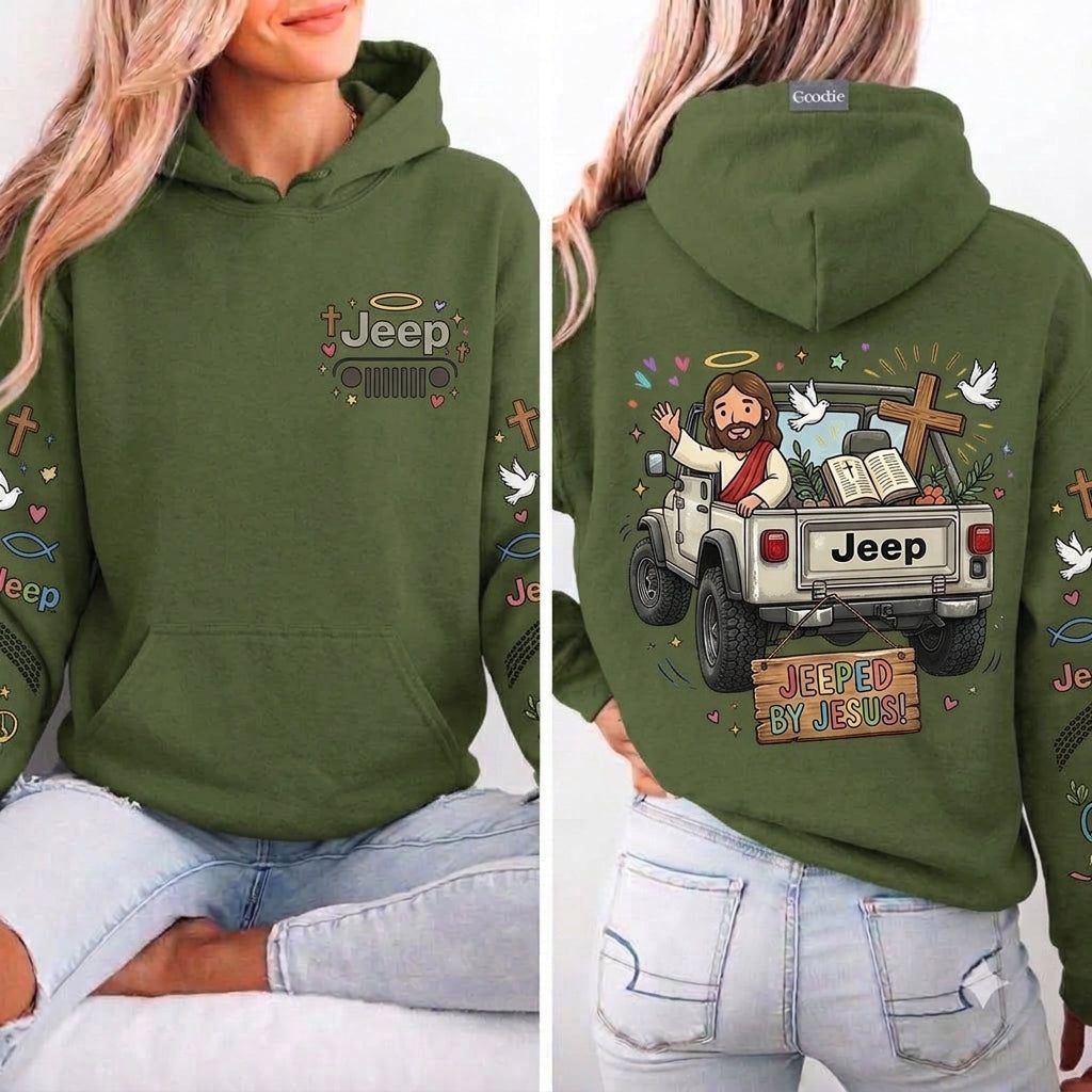 Jeeped by Jesus Hoodie, Christian Jeep Lover Pullover, Faith Inspired Off Road Sweatshirt
