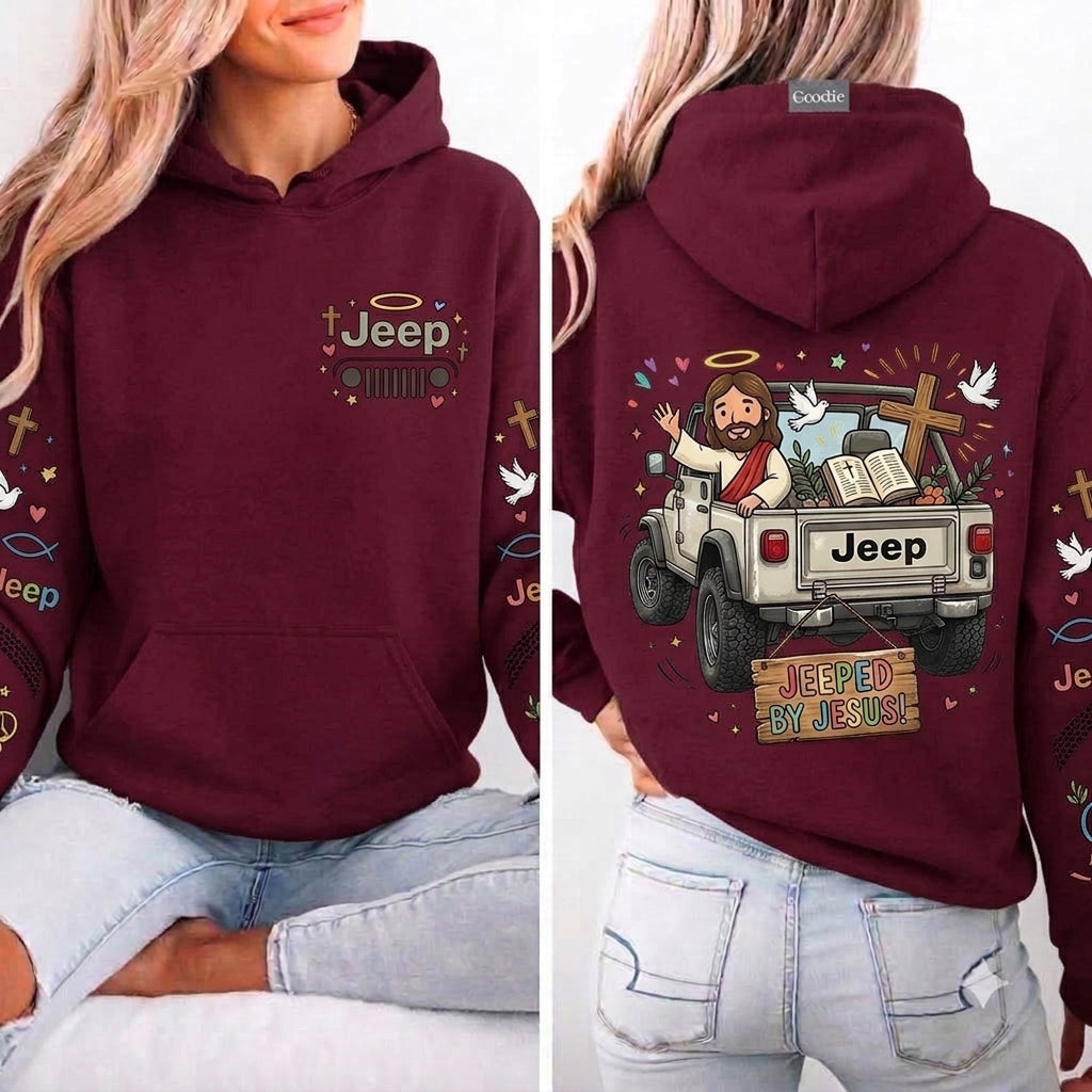 Jeeped by Jesus Hoodie, Christian Jeep Lover Pullover, Faith Inspired Off Road Sweatshirt