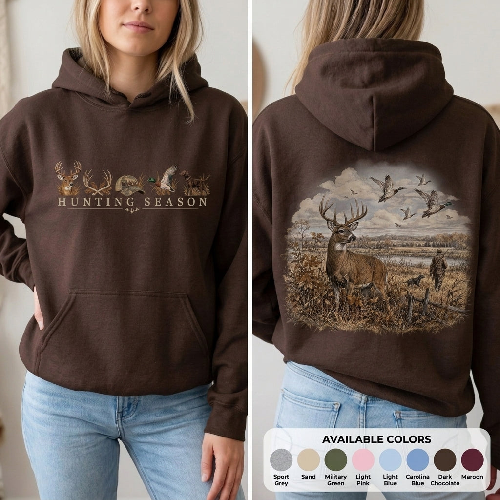 Hunting Season Hoodie, Vintage Deer Hunting Landscape Graphic Sweatshirt, Gift for Hunters