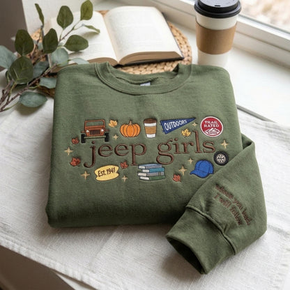 Jeep Girls Embroidered Sweatshirt, Fall Adventure Graphic Crewneck, Jeep Lover Gift for Women