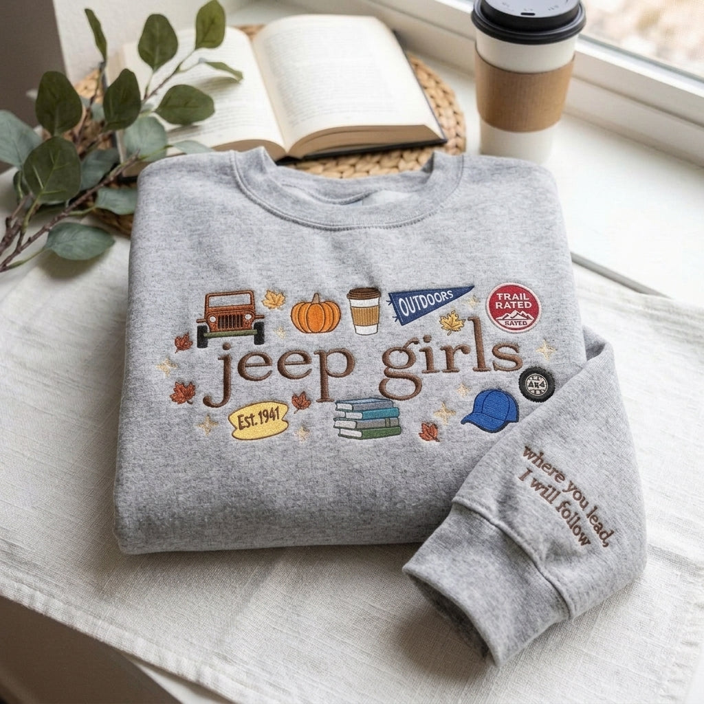 Jeep Girls Embroidered Sweatshirt, Fall Adventure Graphic Crewneck, Jeep Lover Gift for Women