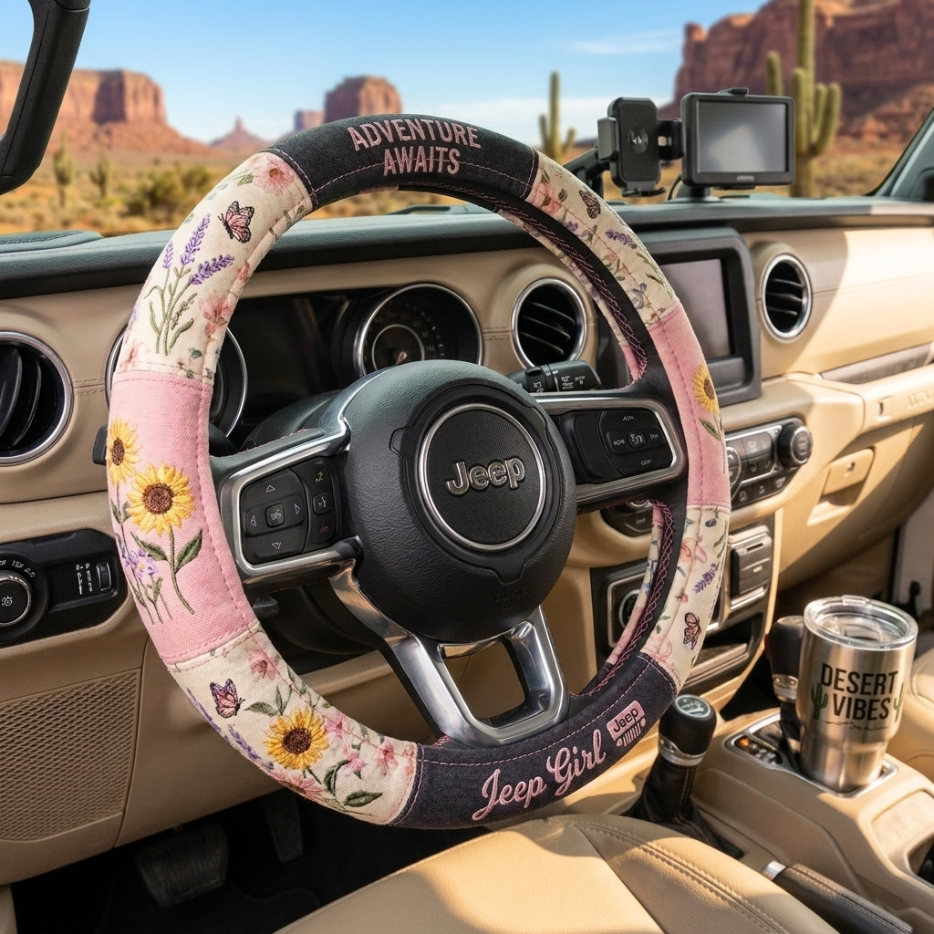 Sunflower Jeep Girl  Floral Boho Steering Wheel Cover