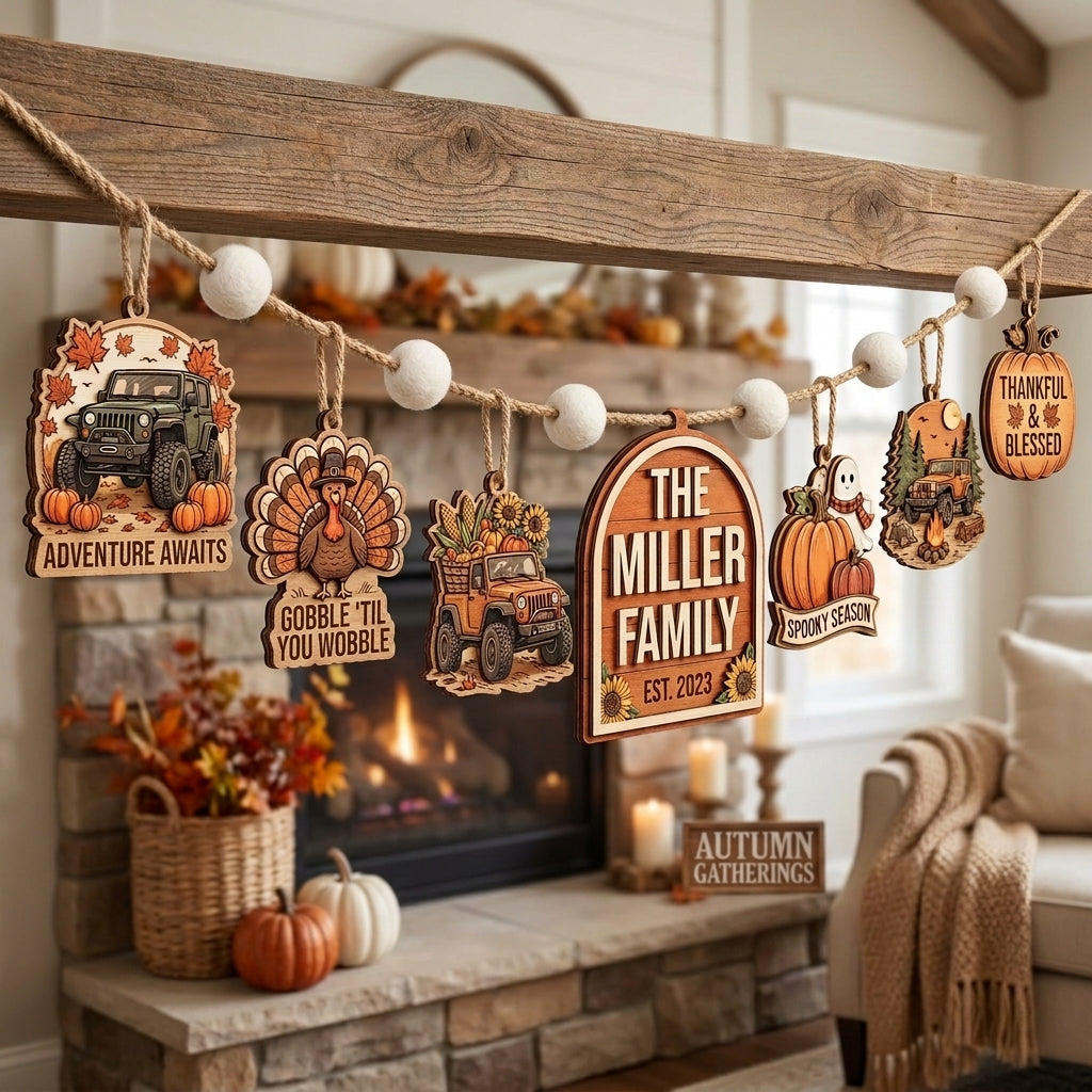 Thankful Jeep Family Personalized Wooden Garland