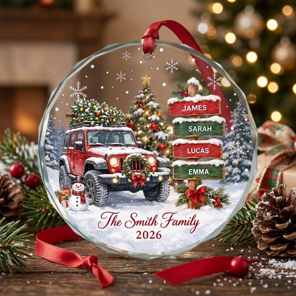 Personalized Jeep Family Christmas Glass Ornament