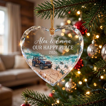 Jeep Our Happy Place Personalized Heart Glass Ornament