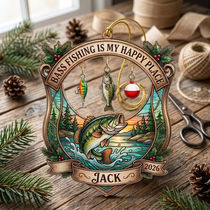Bass Fishing Is My Happy Place Personalized Christmas Ornament