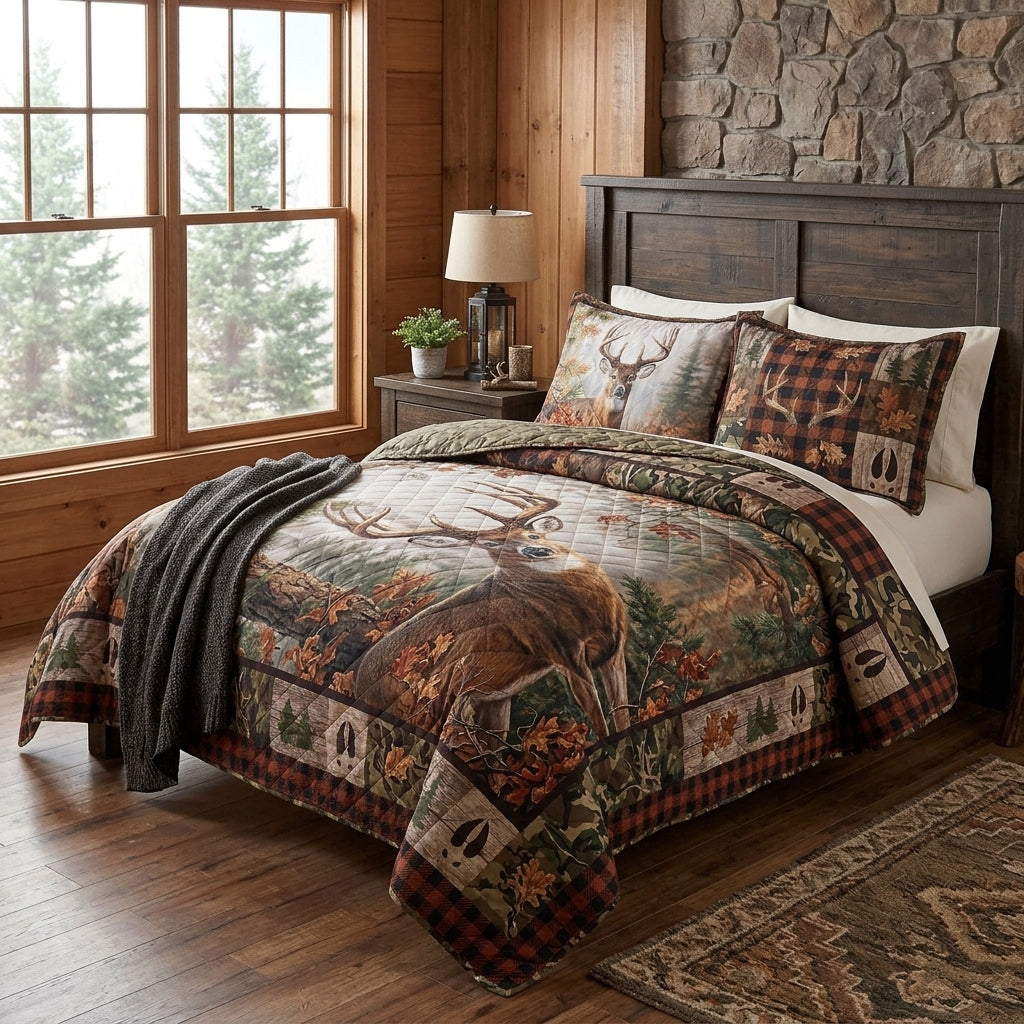 Rustic Whitetail Deer Plaid Quilted Bedding Set