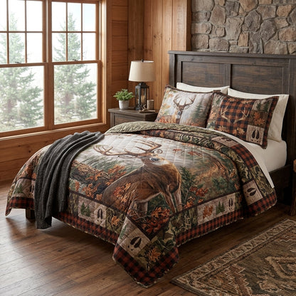 Rustic Whitetail Deer Plaid Quilted Bedding Set