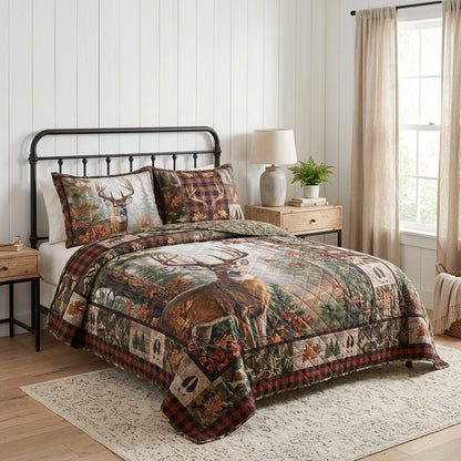 Rustic Whitetail Deer Plaid Quilted Bedding Set