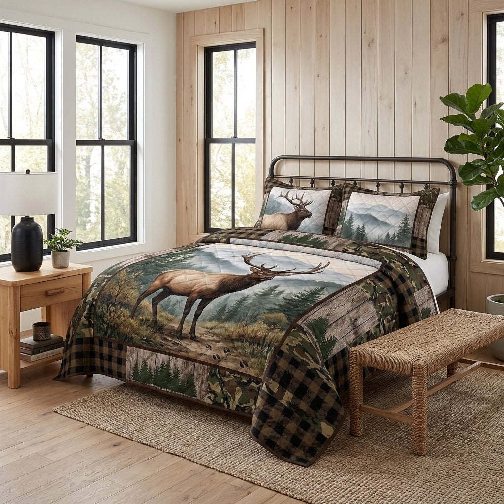 Majestic Elk Mountain Forest Quilted Bedding Set