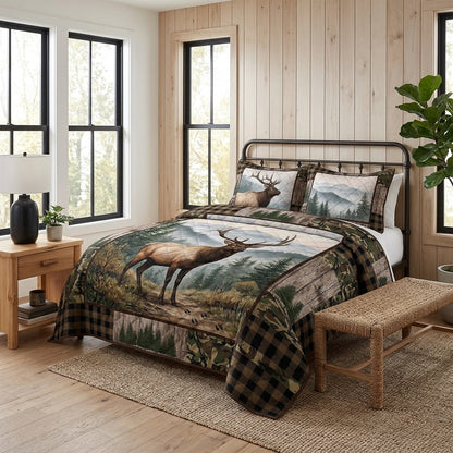 Majestic Elk Mountain Forest Quilted Bedding Set