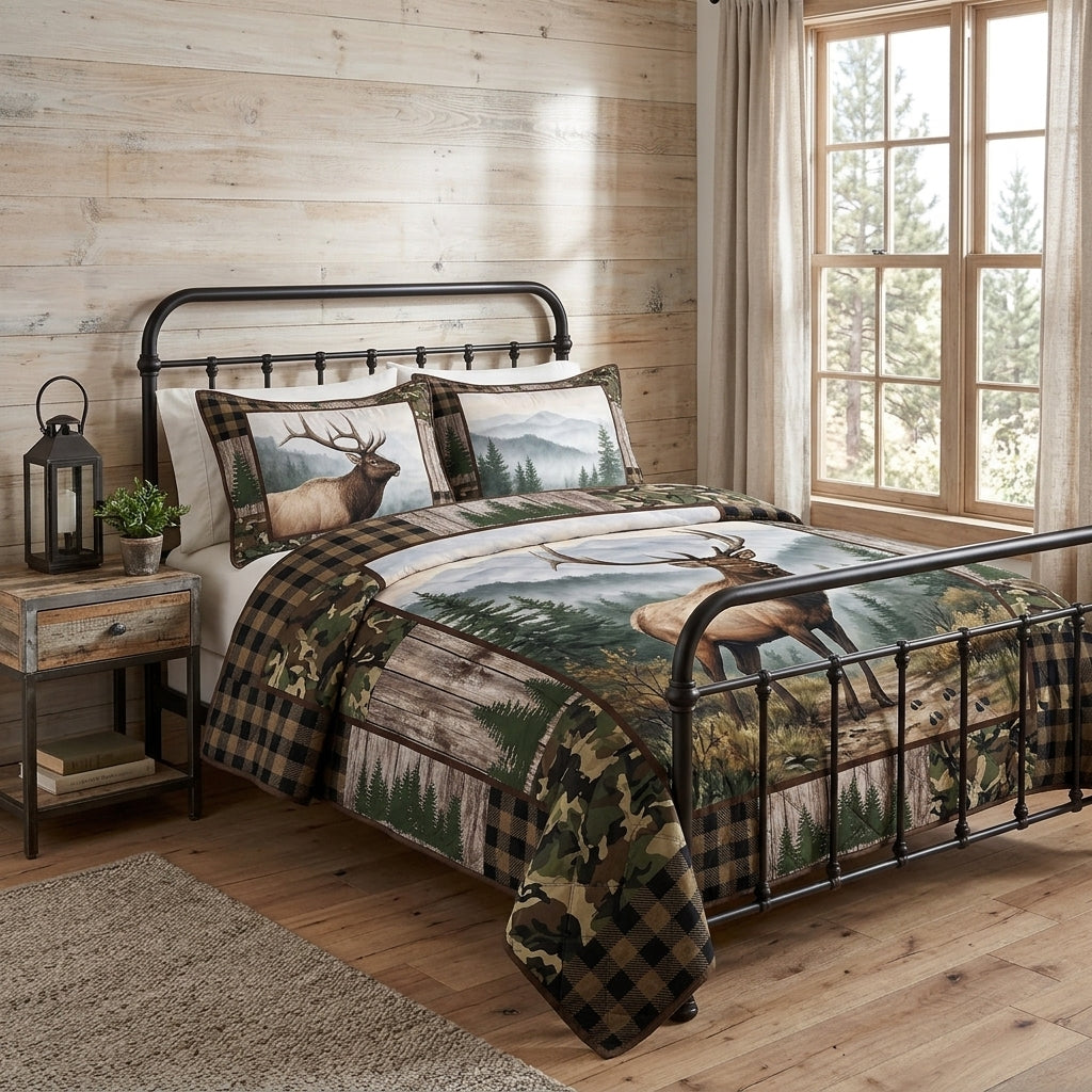 Majestic Elk Mountain Forest Quilted Bedding Set
