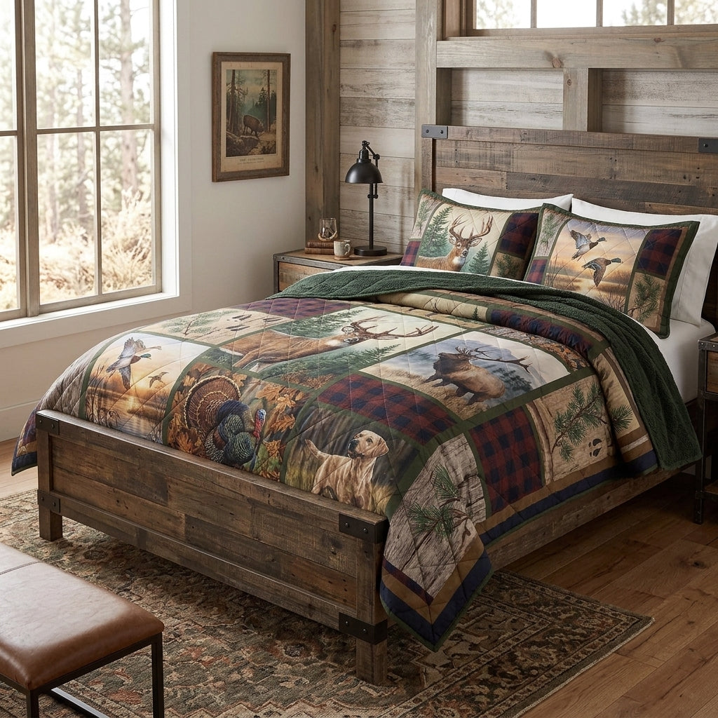 Hunting Wildlife & Forest Camo Quilted Bedding Set