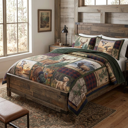 Hunting Wildlife & Forest Camo Quilted Bedding Set
