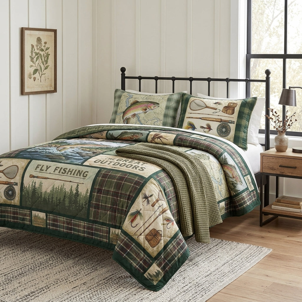 Vintage Fly Fishing Lodge Quilted Bedding Set