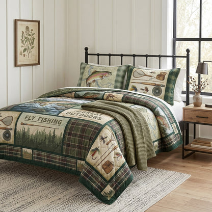Vintage Fly Fishing Lodge Quilted Bedding Set