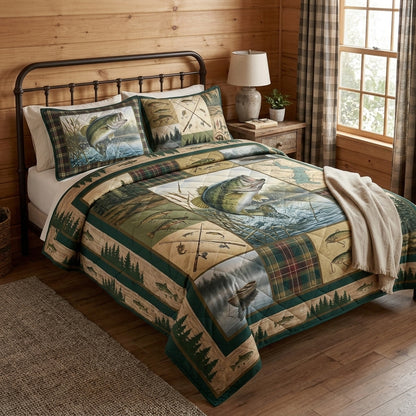 Bass Fishing Wilderness Adventure Quilted Bedding Set