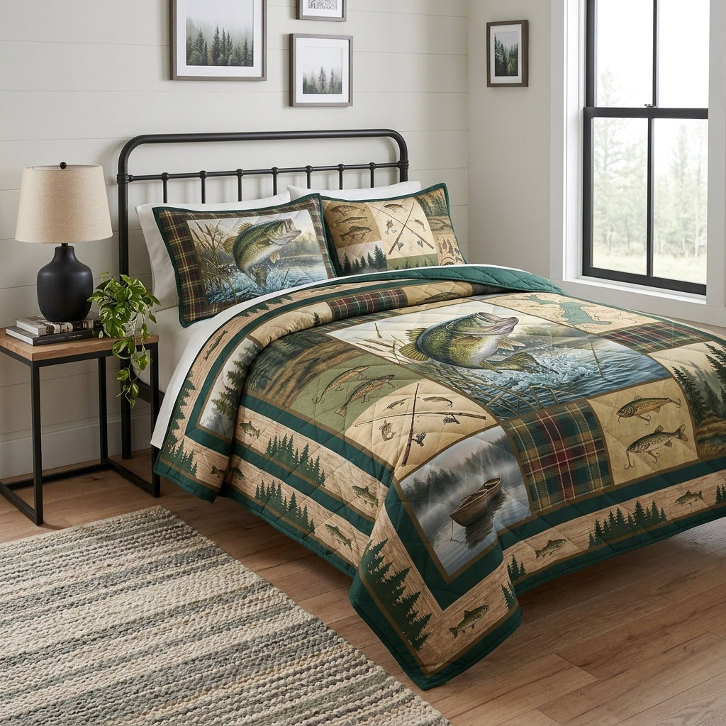 Bass Fishing Wilderness Adventure Quilted Bedding Set