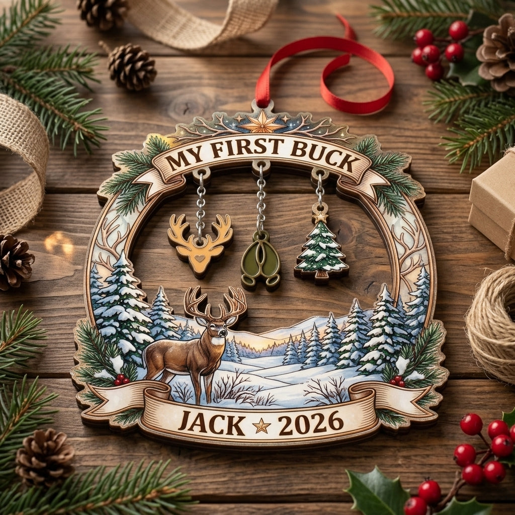 My First Buck Winter Deer Scene Personalized Christmas Ornament