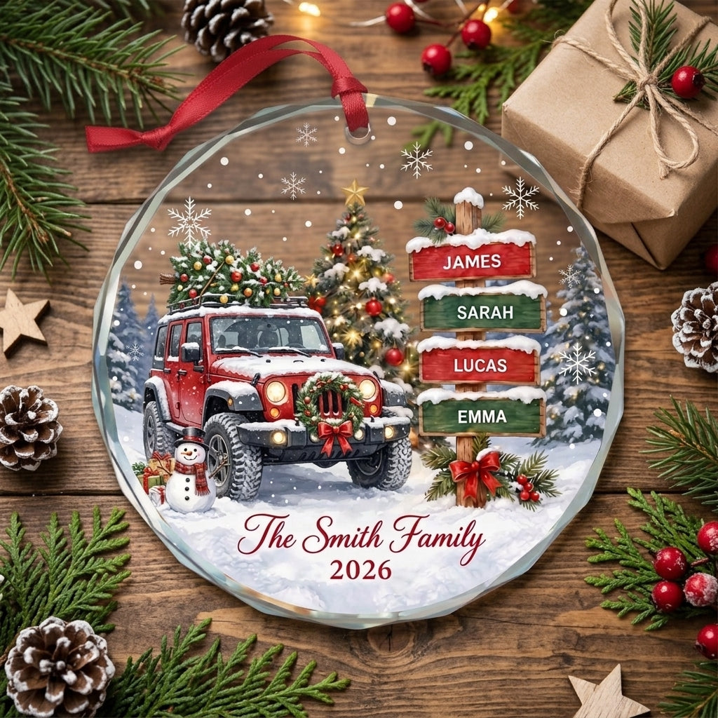 Personalized Jeep Family Christmas Glass Ornament