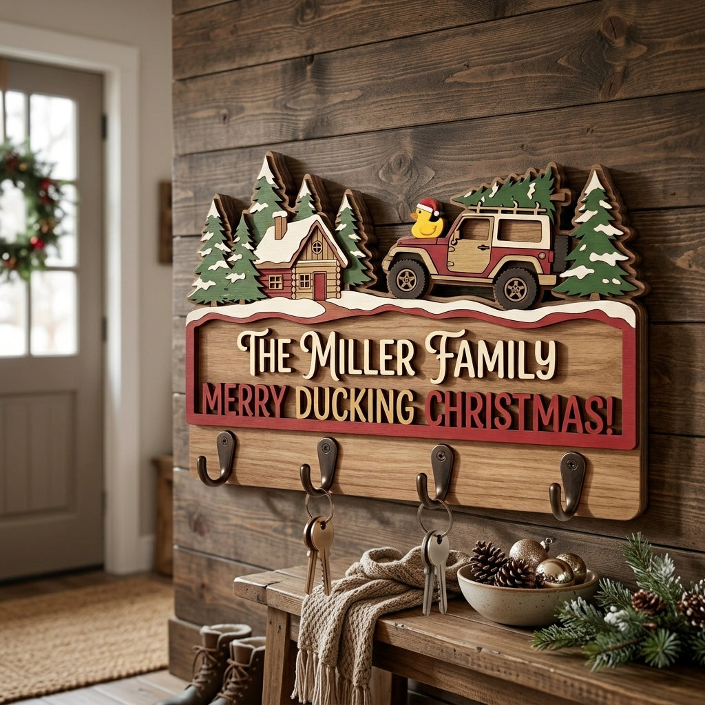 Merry Ducking Christmas Family Wood Key Holder