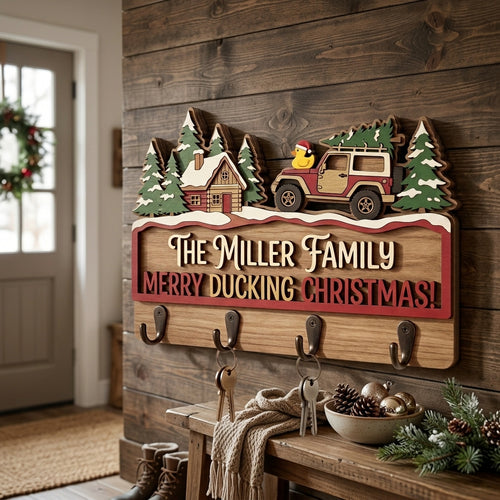 Merry Ducking Christmas Family Wood Key Holder