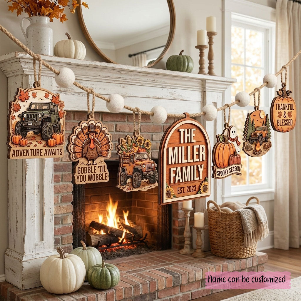 Thankful Jeep Family Personalized Wooden Garland