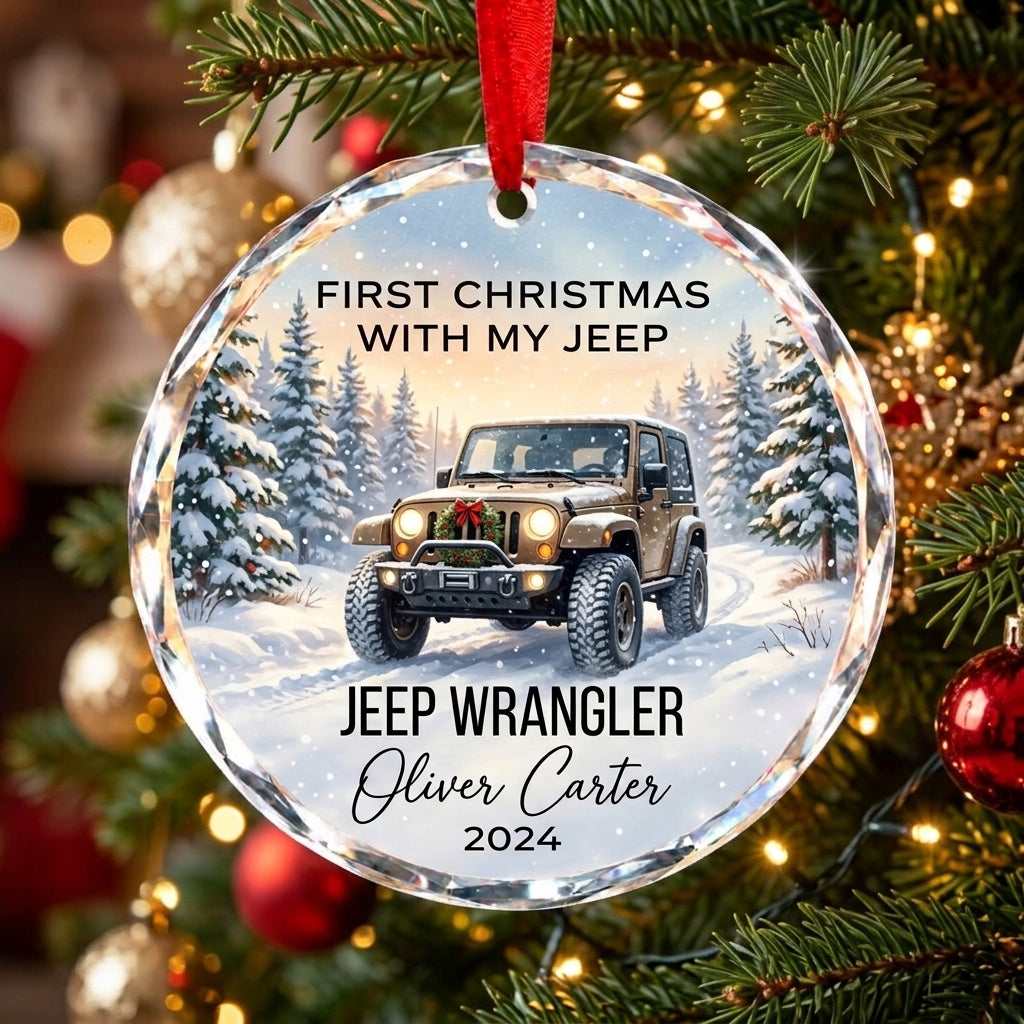 First Christmas With My Jeep Personalized Glass Ornament