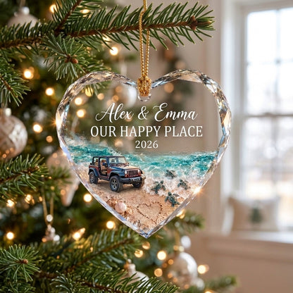 Jeep Our Happy Place Personalized Heart Glass Ornament