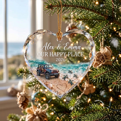 Jeep Our Happy Place Personalized Heart Glass Ornament