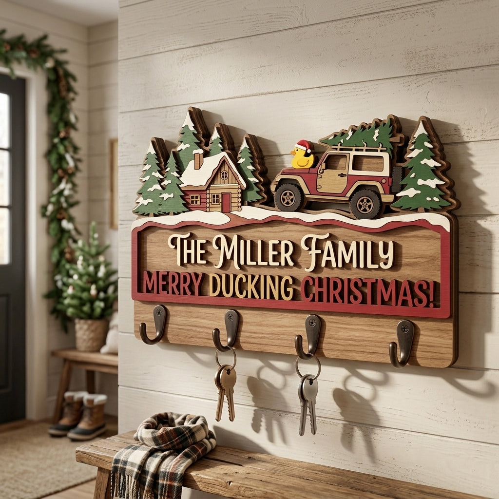 Merry Ducking Christmas Family Wood Key Holder