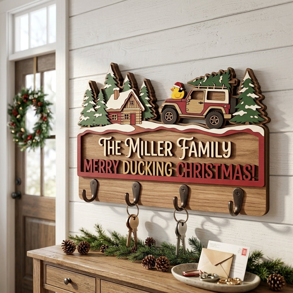 Merry Ducking Christmas Family Wood Key Holder