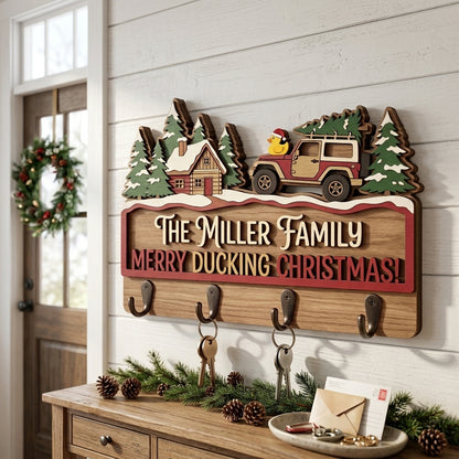 Merry Ducking Christmas Family Wood Key Holder