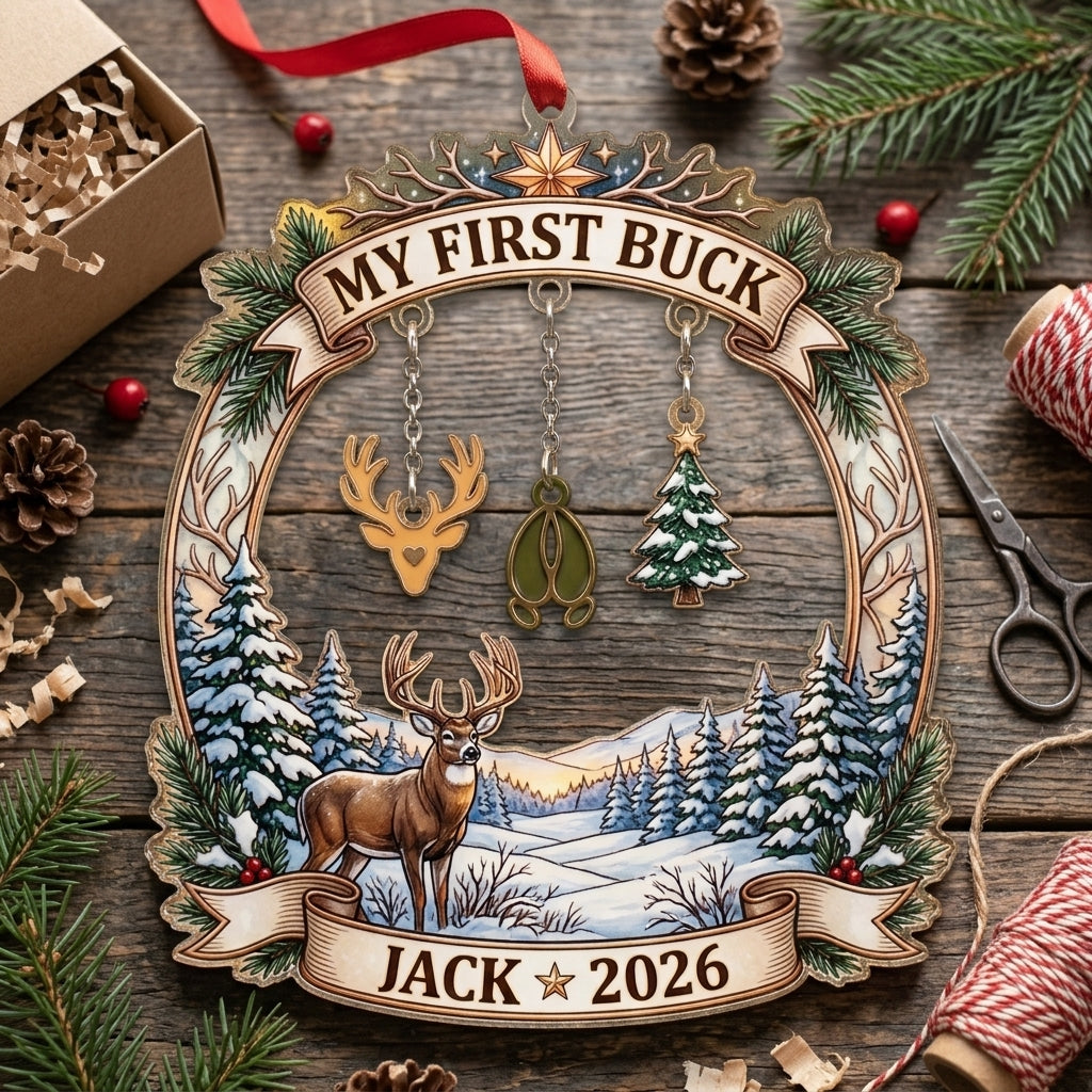 My First Buck Winter Deer Scene Personalized Christmas Ornament