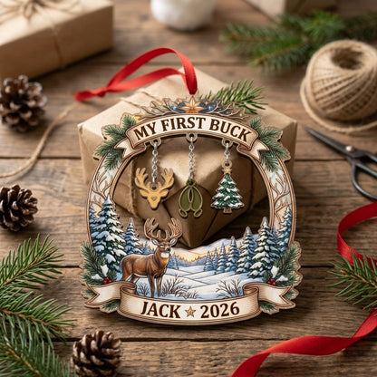 My First Buck Winter Deer Scene Personalized Christmas Ornament