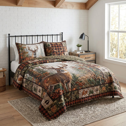 Rustic Whitetail Deer Plaid Quilted Bedding Set