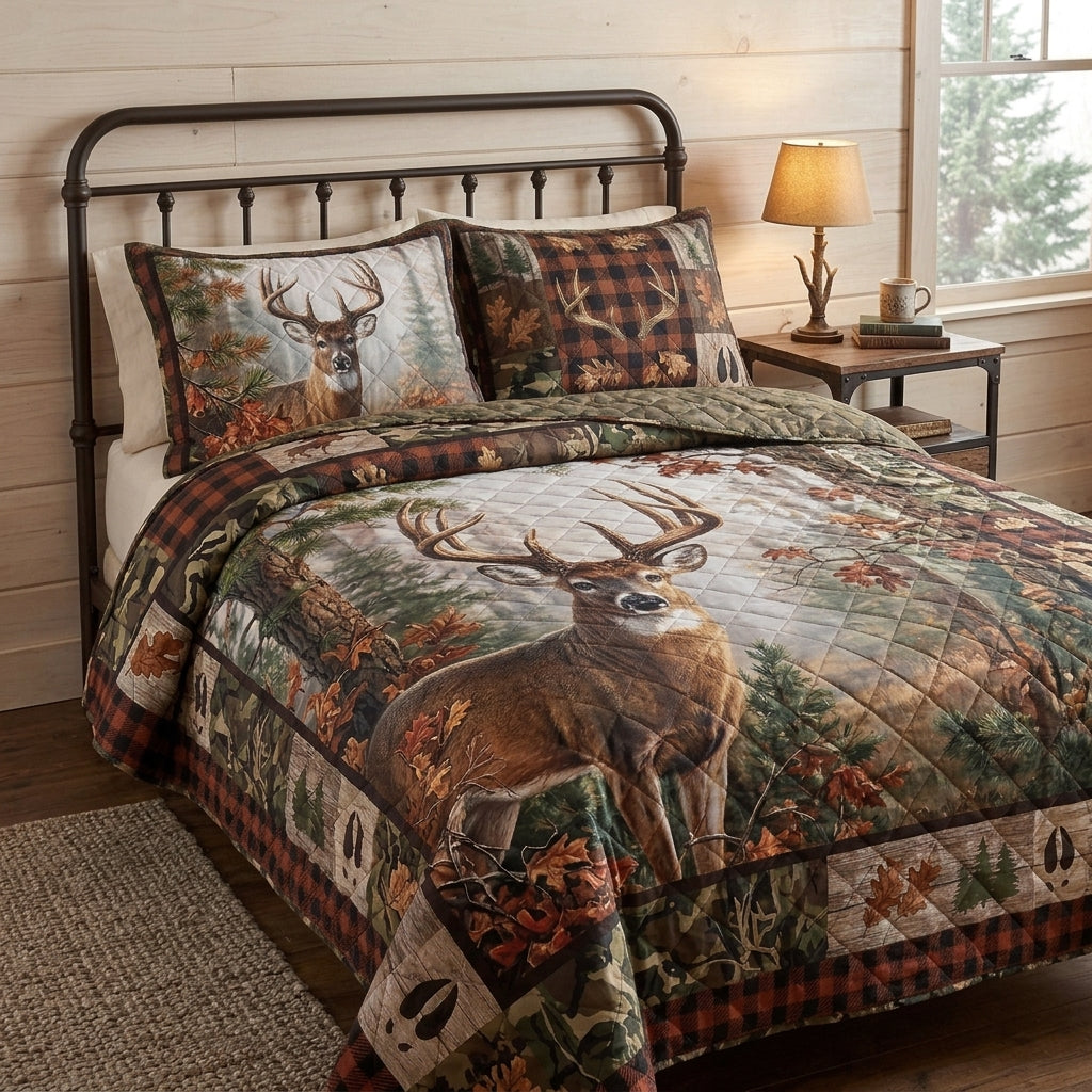 Rustic Whitetail Deer Plaid Quilted Bedding Set