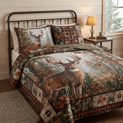Rustic Whitetail Deer Plaid Quilted Bedding Set