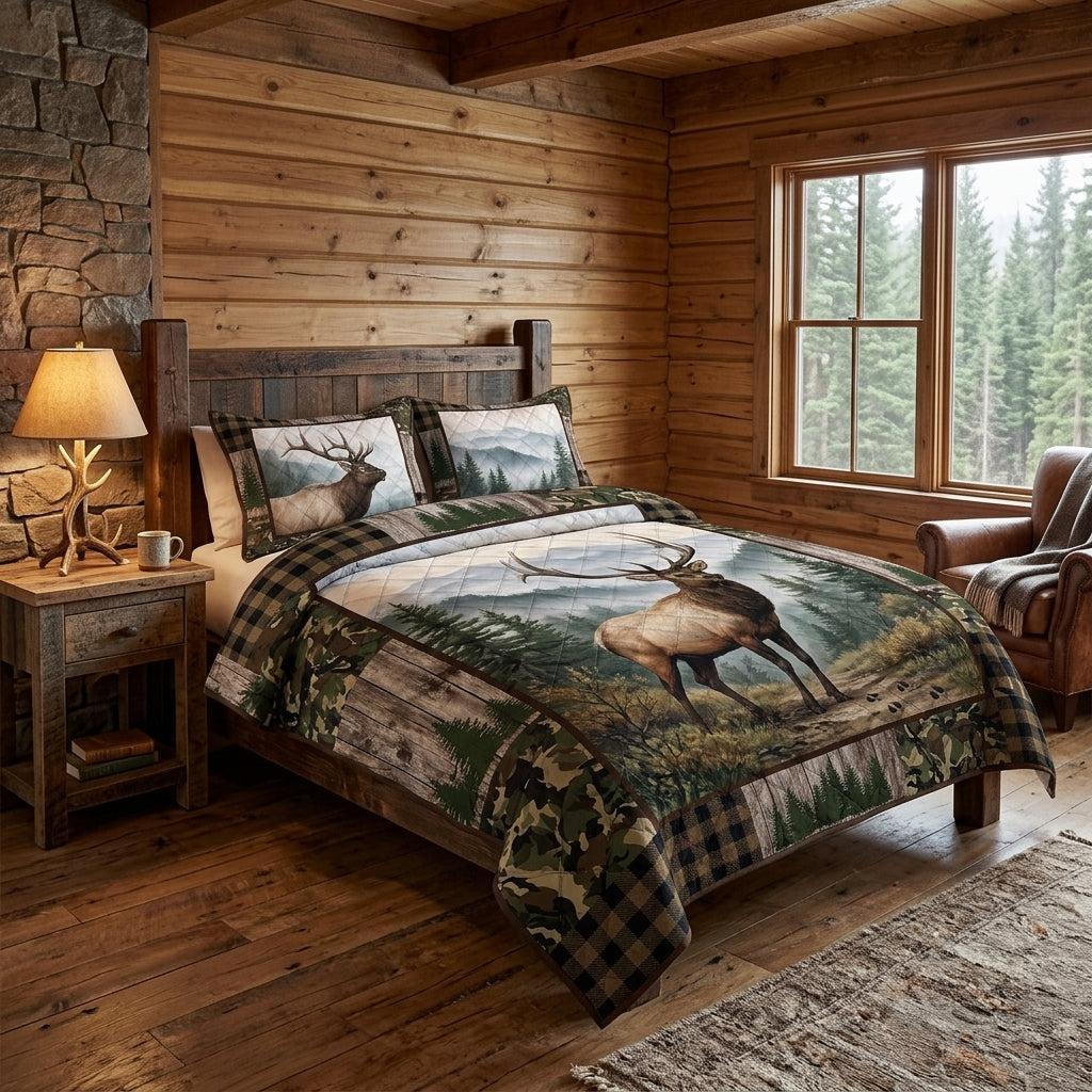 Majestic Elk Mountain Forest Quilted Bedding Set