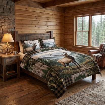 Majestic Elk Mountain Forest Quilted Bedding Set