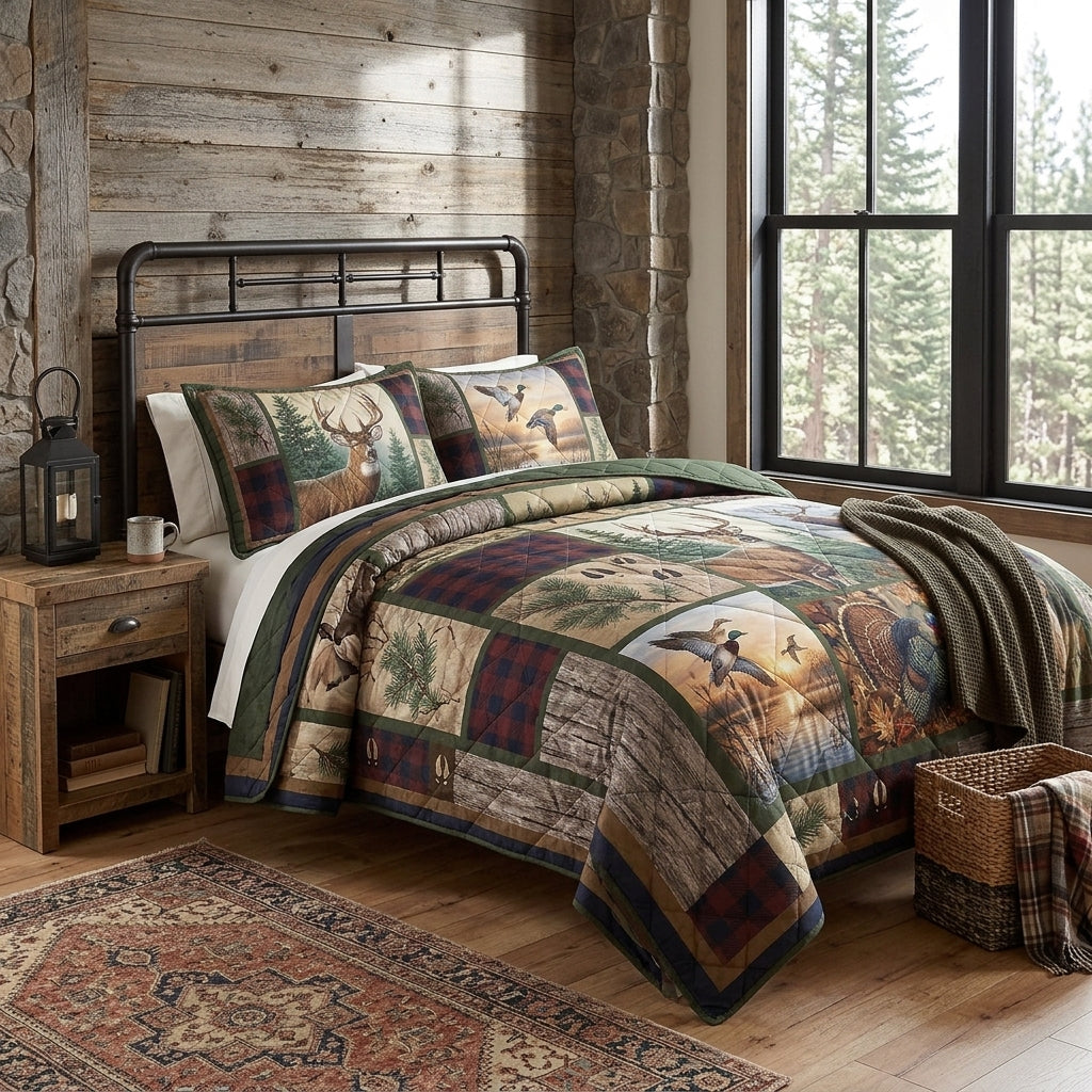 Hunting Wildlife & Forest Camo Quilted Bedding Set
