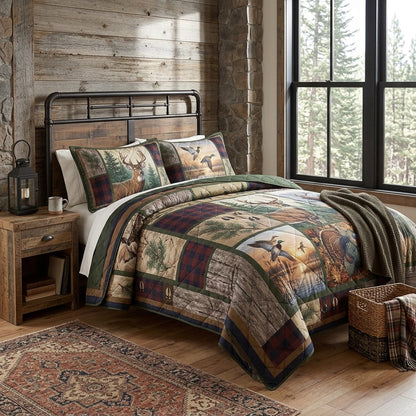 Hunting Wildlife & Forest Camo Quilted Bedding Set
