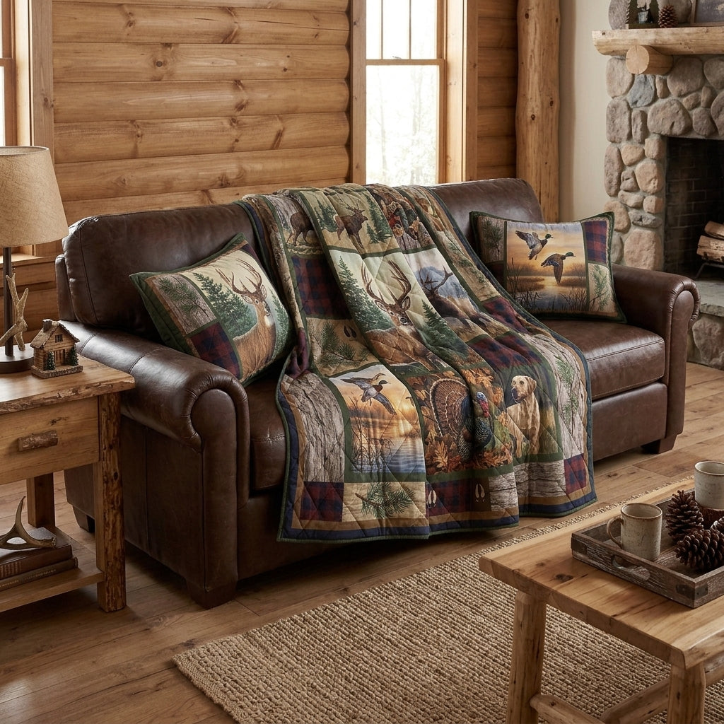 Hunting Wildlife & Forest Camo Quilted Bedding Set