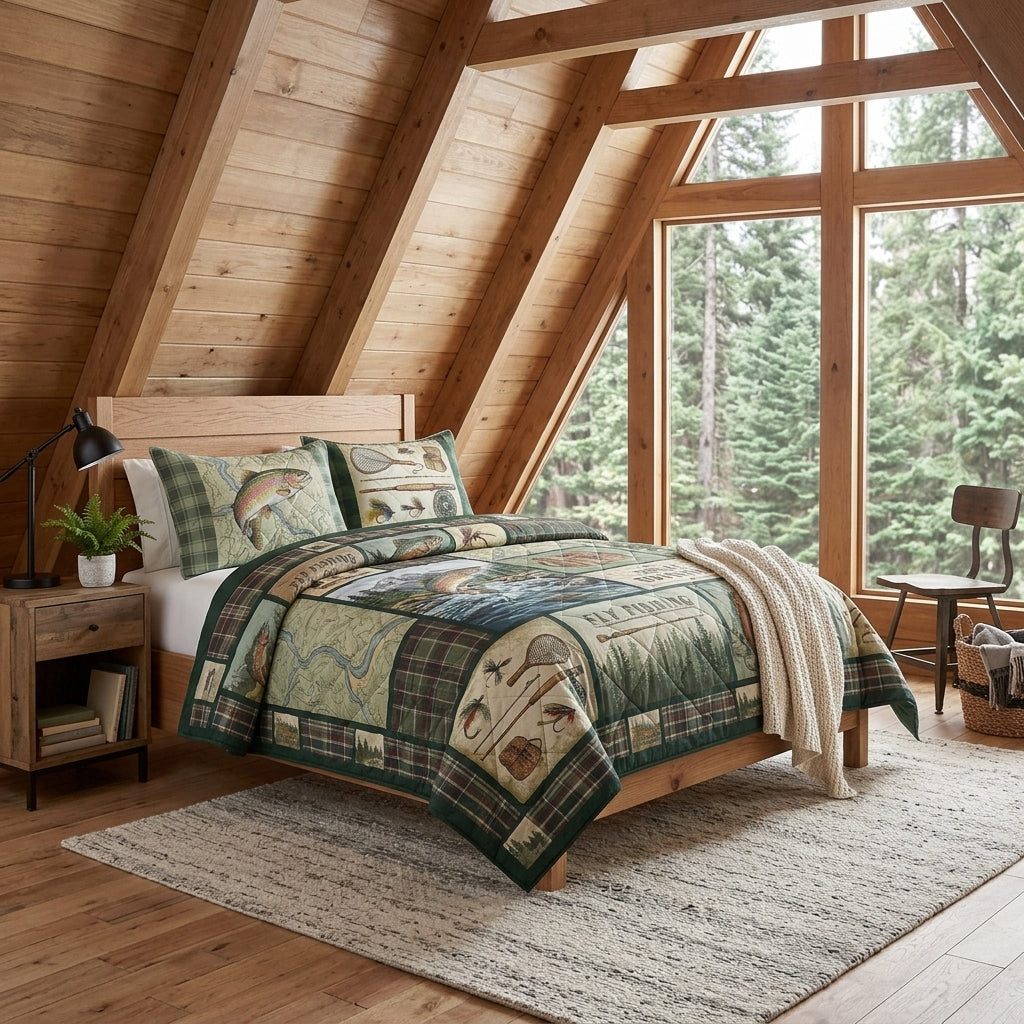 Vintage Fly Fishing Lodge Quilted Bedding Set