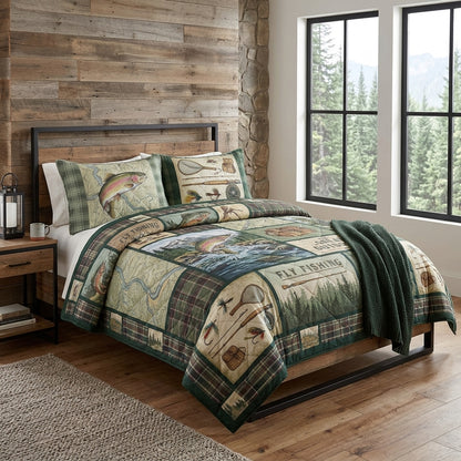 Vintage Fly Fishing Lodge Quilted Bedding Set