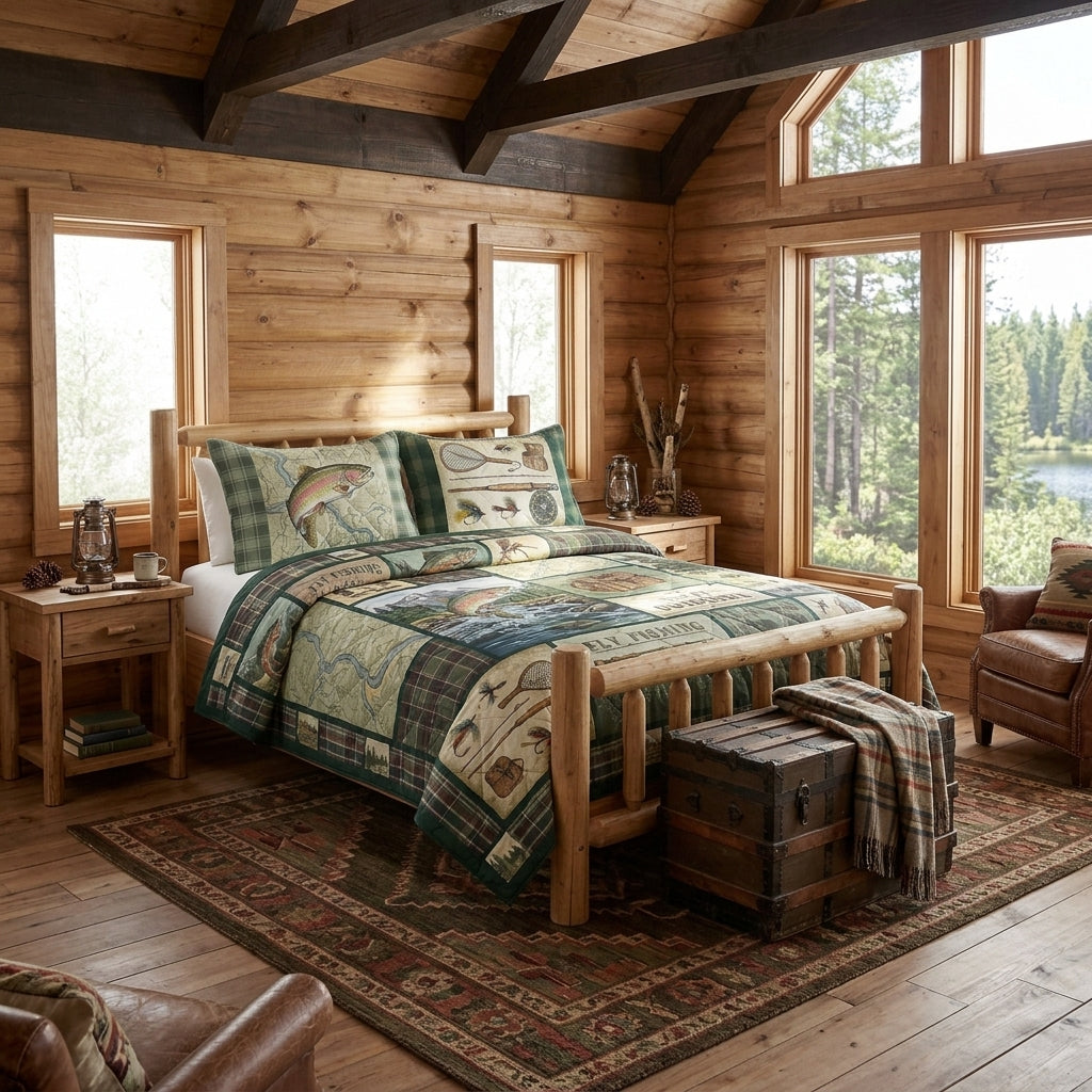 Vintage Fly Fishing Lodge Quilted Bedding Set