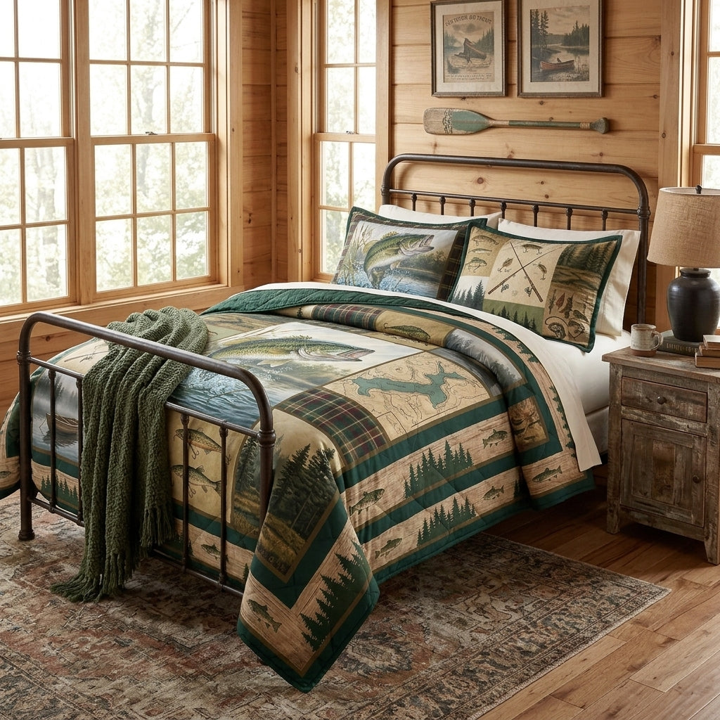 Bass Fishing Wilderness Adventure Quilted Bedding Set